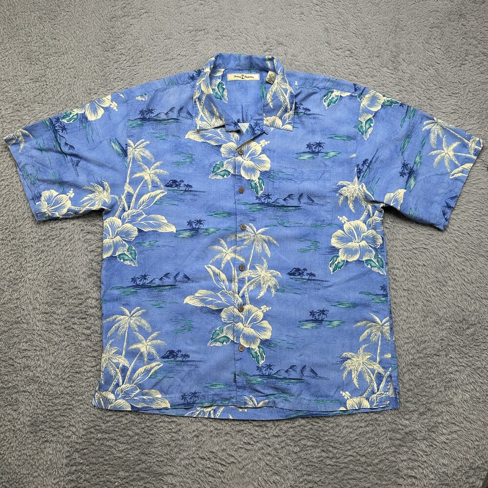 Tommy Bahama Hawaiian Shirt Mens XL Blue 100% Silk Camp Collar Aloha Floral